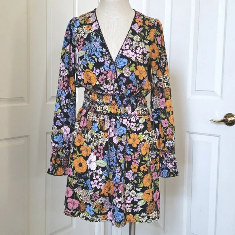 WAYF Dark Floral Long Sleeve Mini Dress Crochet Trim Smocked Waist Boho | SMALL